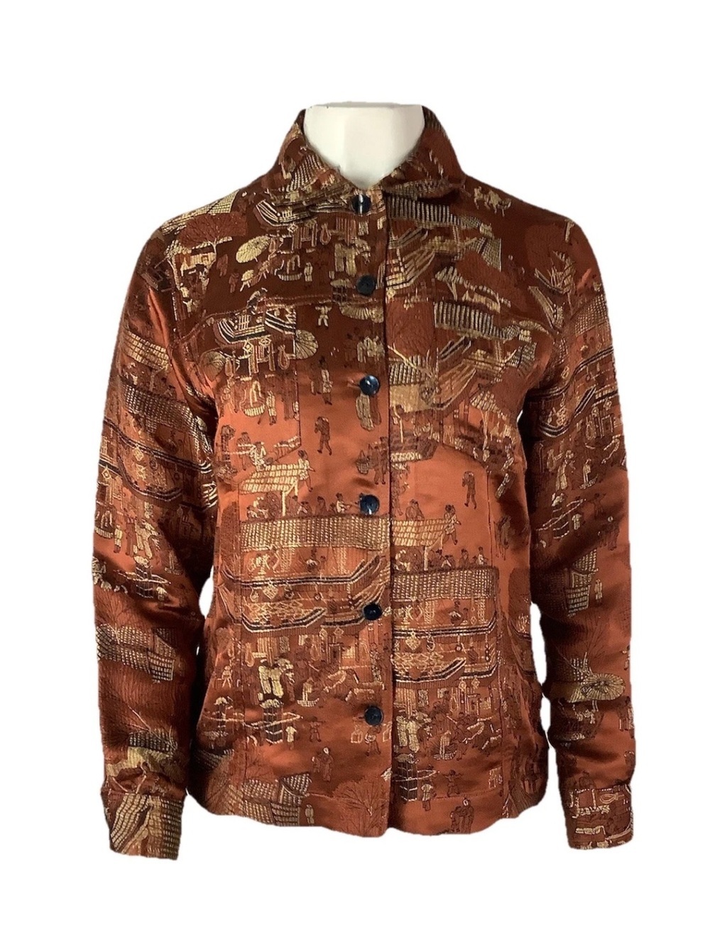 Chicos Sz 0 Small Jacquard Asian Print Button Long Sleeve Shirt Jacket Gold